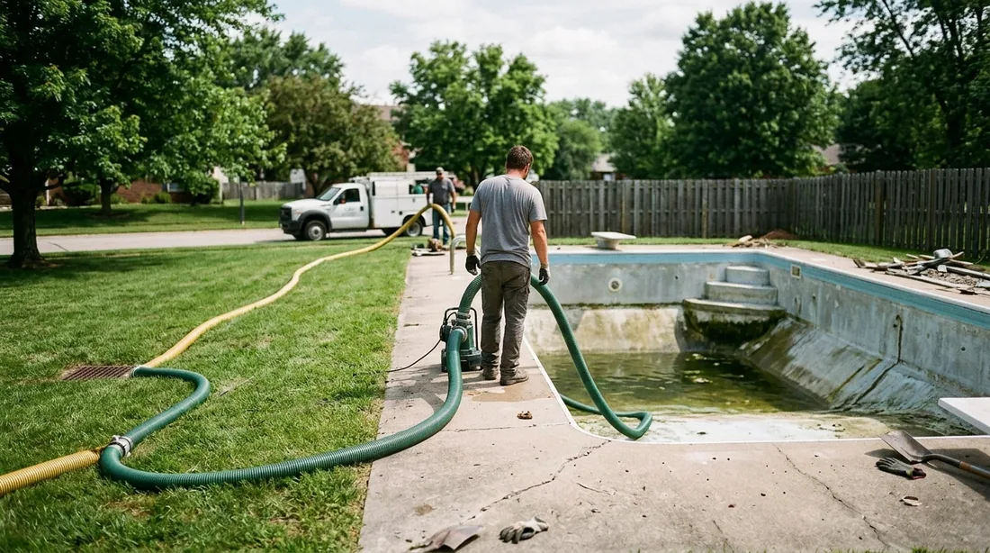 The pool is pumped down, and where the water is chemically treated it usually cannot simply go to — Huntsville, AL