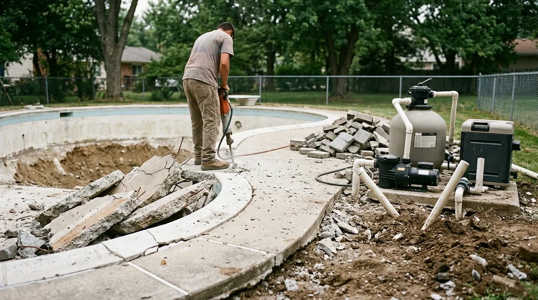 Pumps, filters, heaters, the equipment pad, coping, and surrounding decking may or may not be — Huntsville, AL
