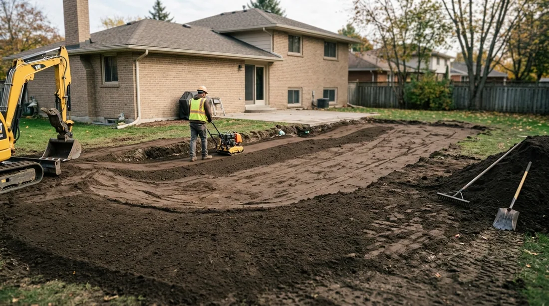 Final grade is shaped to drain away from the house and topsoil placed for planting — Huntsville, AL