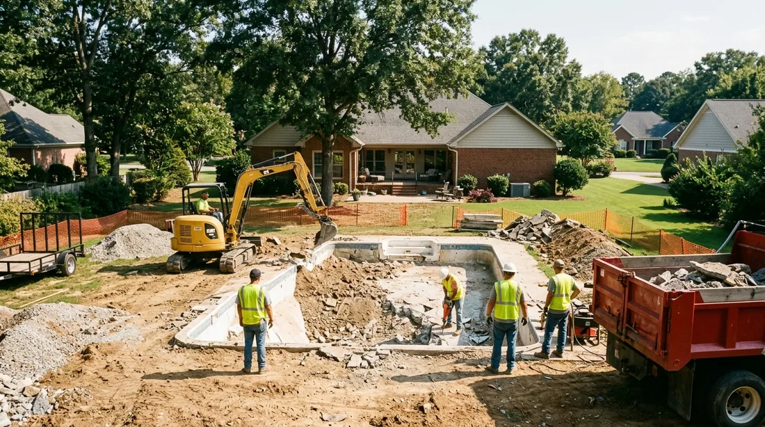 A small professional crew working on a pool removal job at a property, seen from behind and at a — Huntsville, AL